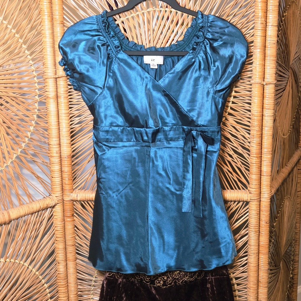 Y2K IZ Byer California Girls XL Babydoll Satin Short Sleeve Blouse Teal Blue Vtg
